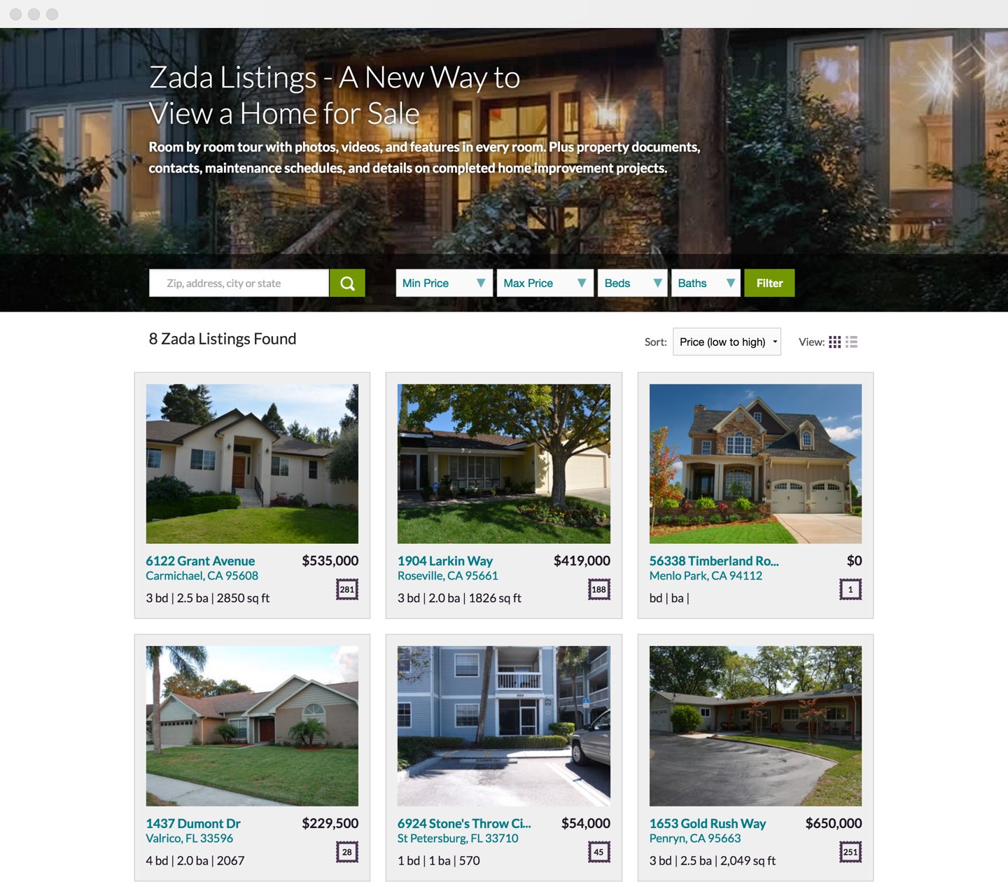 The Zada Listings search page