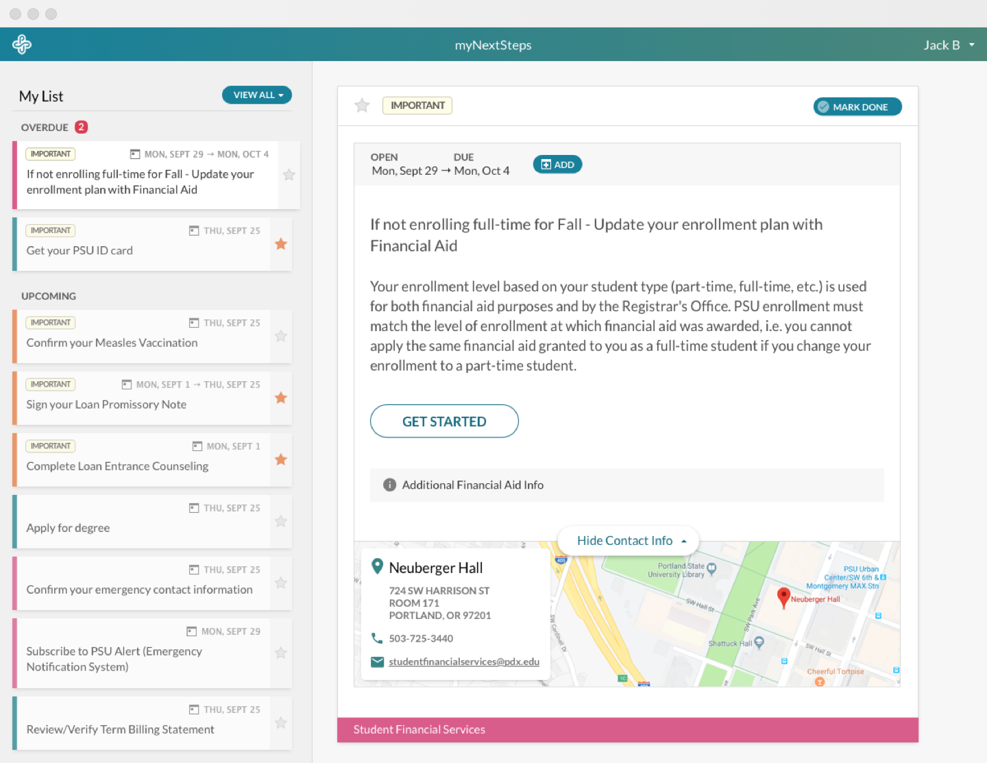 The myNextSteps interface showing the task list and selected task