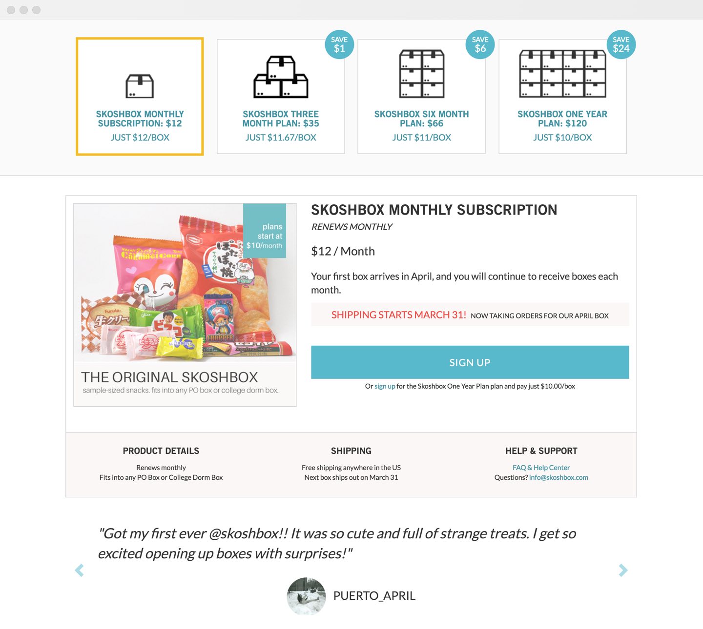 The Skoshbox Subscription Plans page
