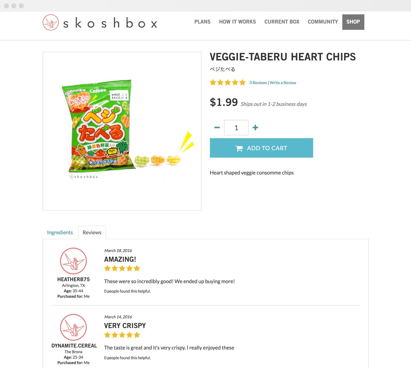 The Shop page for an individual product